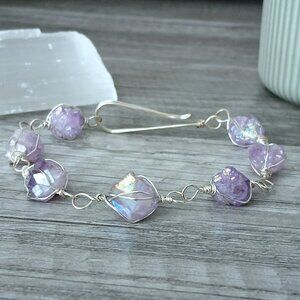 Aura Amethyst Crystal Bracelet, Wire Wrapped, 8" Boho Statement